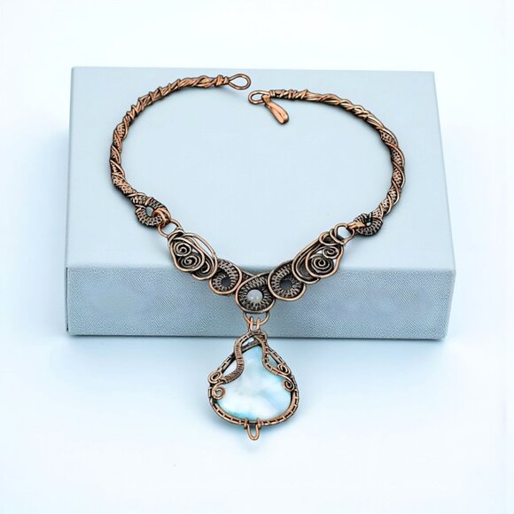 Handmade ✦ Full Wire Wrap Larimar & Quartz Necklace ✦ Artisan Copper Statement - Picture 5 of 10